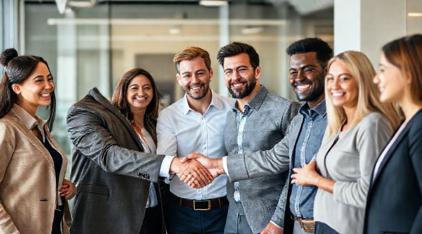 多元化的商业人士在现代办公室中握手微笑,代表成功的合作和客户满意度 多元化的商业人士在现代办公室中握手微笑,代表成功的合作和客户满意度