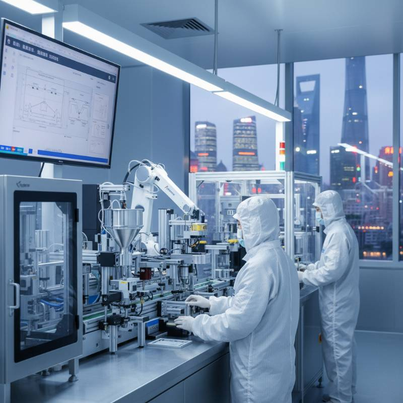 现代化的电子烟自动化生产线,身穿无尘服的工人正在操作高科技设备,实验室风格,冷色调,体现专业感 现代化的电子烟自动化生产线,身穿无尘服的工人正在操作高科技设备,实验室风格,冷色调,体现专业感